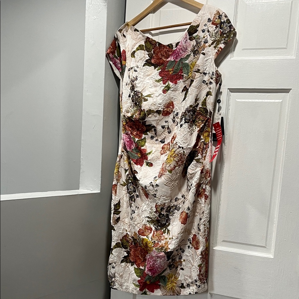✨🎉NWT Adrianna Papell Draped Metallic Floral Print Jacq Sheath Dress
